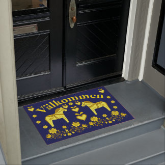 2 Folk Dala horse, gold/navy Valkommen, welcome Doormat
