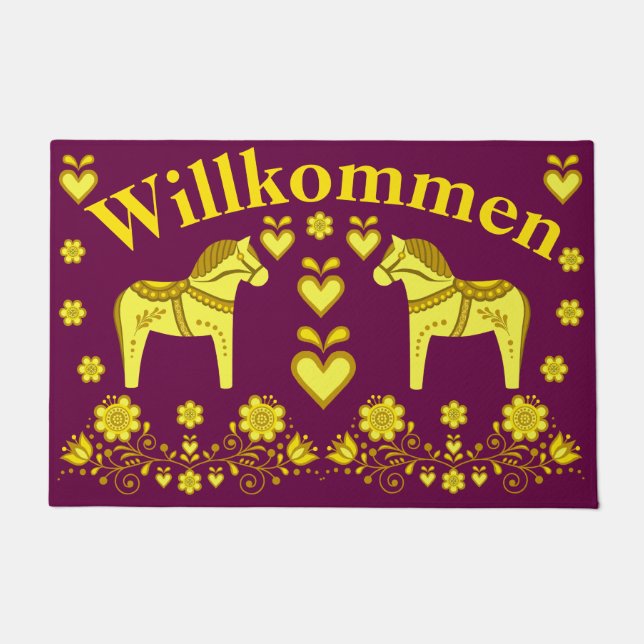 2 Folk Dala horse, gold/plum Willkommen, welcome Doormat (Front)