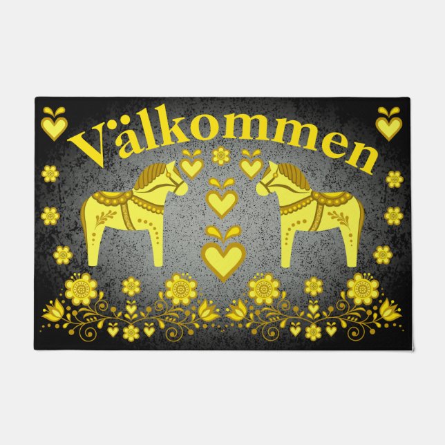 2 Folk Dala horse gold/silver Valkommen, welcome Doormat (Front)