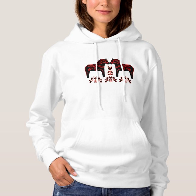 2 Folk Dala Horses, Black/red/ Folk Friesian Hoodie (Front)