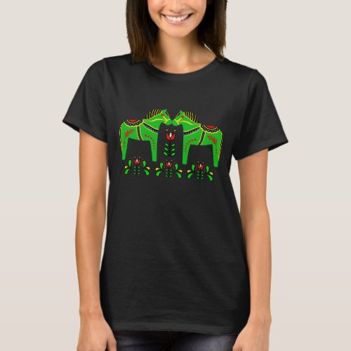2 Folk Dala Horses Greencolorful Folk Friesian T_Shirt