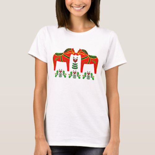 2 Folk Dala Horses Redcolorful Folk Friesian T_Shirt