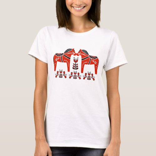 2 Folk Dala Horses redwhite delft Folk horse T_Shirt