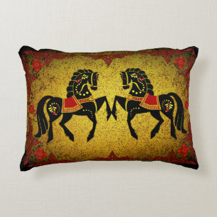 2 Folk Friesian/Frisian gold/red/black stallion Accent Pillow