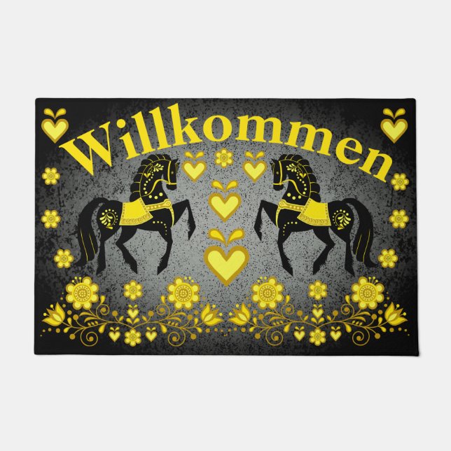 2 Folk Friesian, gold/silver Willkommen, welcome Doormat (Front)