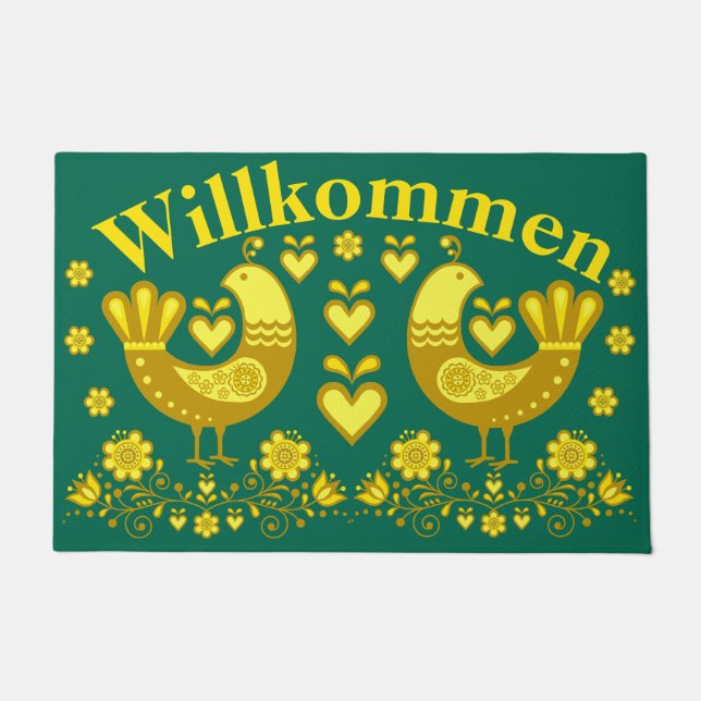 2 Folk love birds, gold/Aqua Willkommen, welcome Doormat (Front)