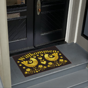 2 Folk love birds, gold/black Willkommen, welcome Doormat