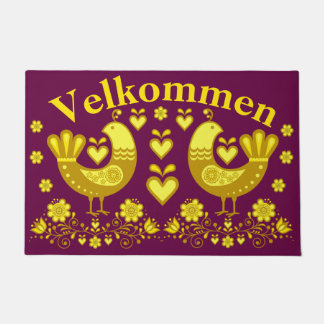 2 Folk love birds, gold/plum Velkommen, welcome Doormat