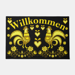 2 Folk Roosters, gold/black Willkommen, welcome Doormat