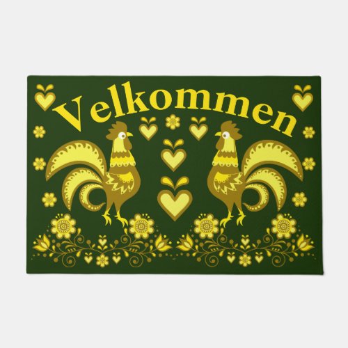 2 Folk Roosters goldgreen  Velkommen welcome Doormat