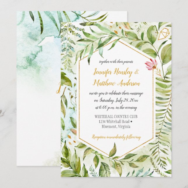 #2 Geometric Pink Green Gold Botanicals Wedding Invitation (Front/Back)