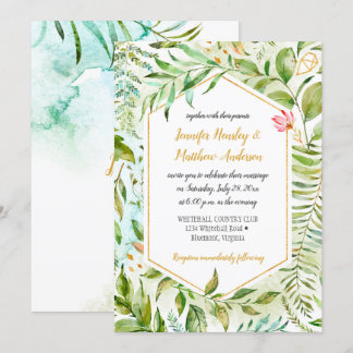 #2 Geometric Pink Green Gold Botanicals Wedding Invitation