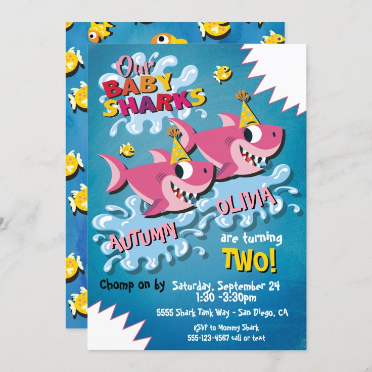 2 Girl Sharks Baby Birthday Party invitation | Zazzle