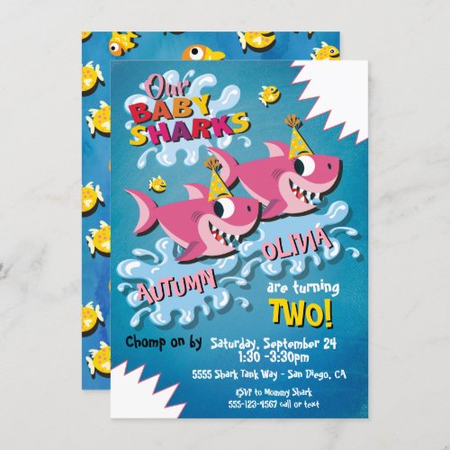 2 Girl Sharks Baby Birthday Party invitation
