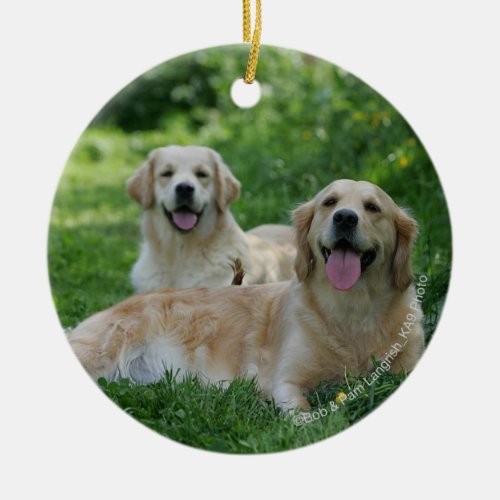 2 Golden Retrievers Laying in Grass Ceramic Ornament