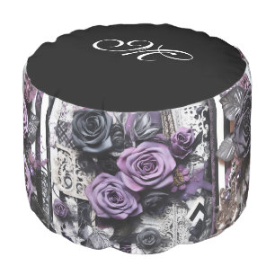 *~*2 Gothic MONOGRAM Flowers Stripes Black Pouf
