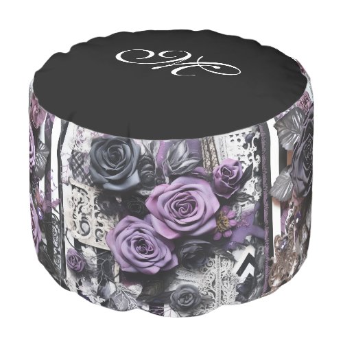 *~*2  Gothic MONOGRAM Flowers Stripes Black Pouf