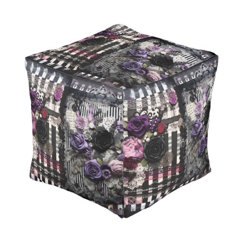 *~*2  Gothic Roses Flowers Stripes Black Pouf