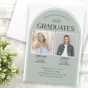 2 Graduates Sage Green Arch Double Graduation Invitation