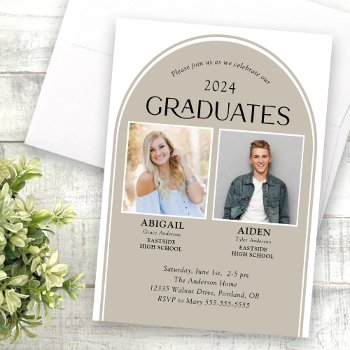 2 Graduates Tan Arch Double Graduation Invitation by daisylin712 at Zazzle