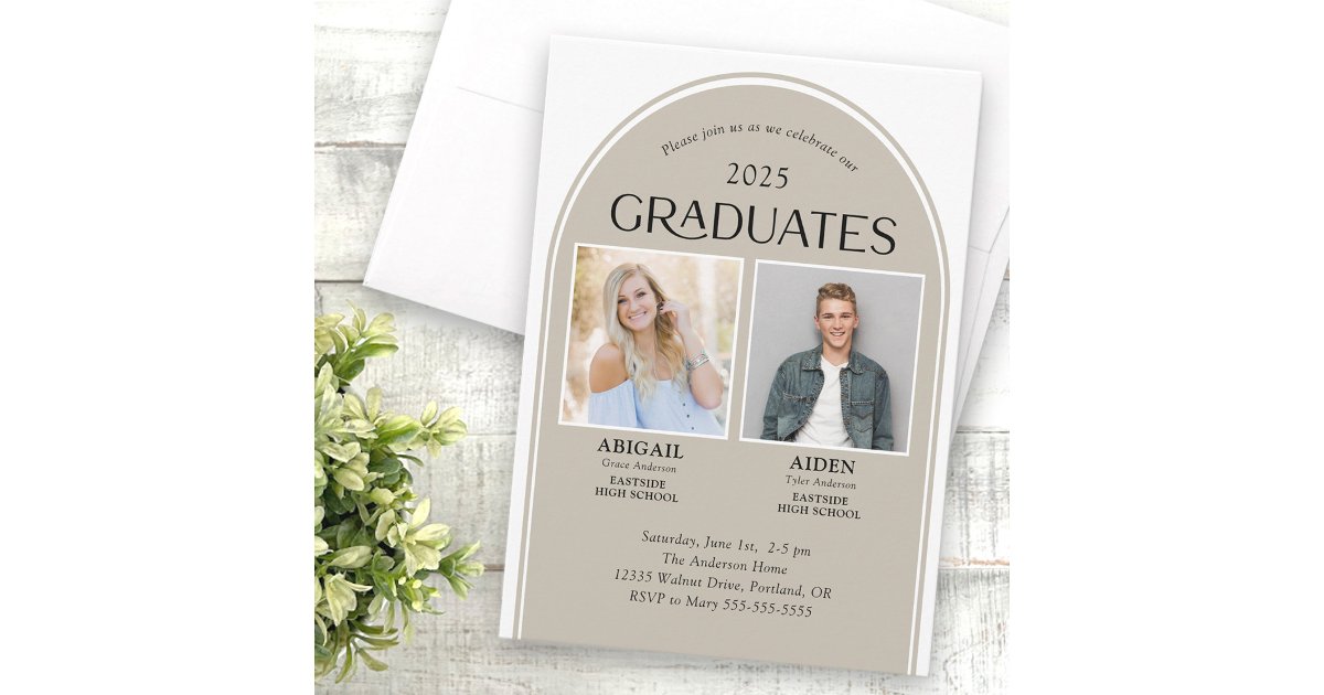 2 Graduates Tan Arch Double Graduation Invitation | Zazzle