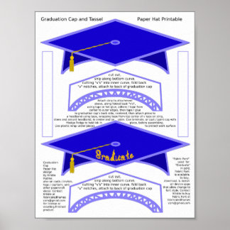 2 Graduation Cap Blue Paper Hats Graduate Gold Poster
