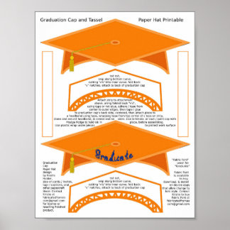 2 Graduation Cap Orange Paper Hats Graduate Blue Poster