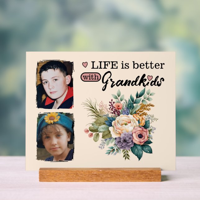 2 grandkids photo floral pink acrylic sign (Neutral)