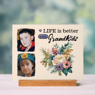 2 grandkids photo floral purple acrylic sign