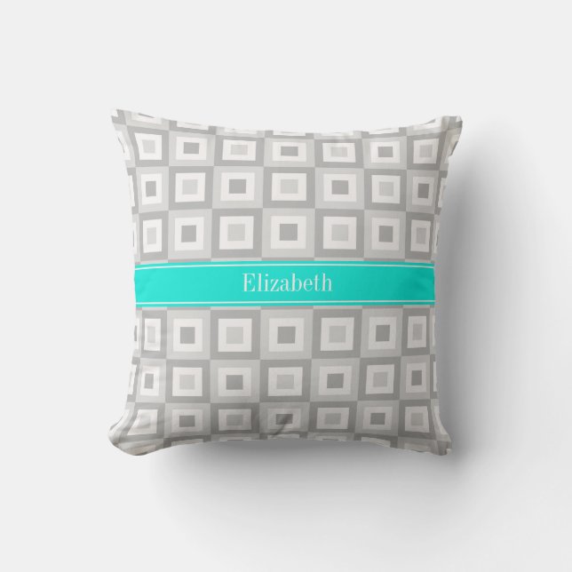 2 Gray Wht Concentric Square Aqua Name Monogram Throw Pillow (Front)