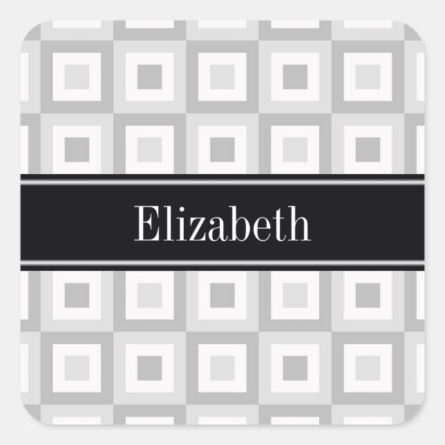 2 Gray Wht Concentric Square Black Name Monogram Square Sticker (Front)