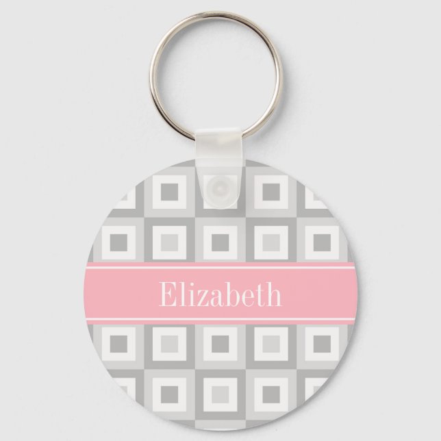 2 Gray Wht Concentric Square Pink Name Monogram Keychain (Front)