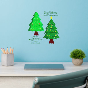 2 Green Christmas Trees Decorated Star Name 12" sq Wall Decal