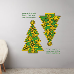 2 Green Christmas Trees Green Gold Name 50" sq Wall Decal