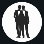 2 Grooms Silhouette Gay Couple Wedding Stickers<br><div class="desc">2 grooms silhouettes in black and white over a custom color with white circular border. (border can be removed; and more sticker shapes and sizes are available. Monogram version also available in my store: Click "Customize It" and use the swatches on the right to change the background color. The eyedropper...</div>