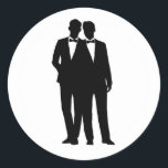 2 Grooms Silhouette Gay Couple Wedding Stickers<br><div class="desc">2 grooms silhouettes in black and white over a custom color with white circular border. (border can be removed; and more sticker shapes and sizes are available. Monogram version also available in my store: Click "Customize It" and use the swatches on the right to change the background color. The eyedropper...</div>