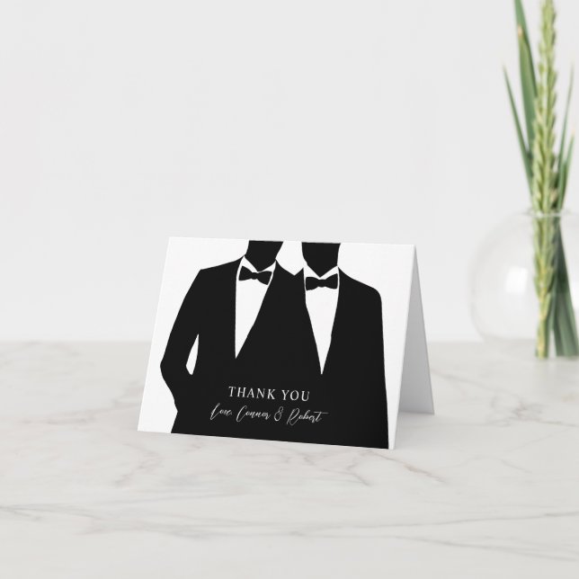 2 Grooms Silhouette Gay Wedding Thank You Card (Front)