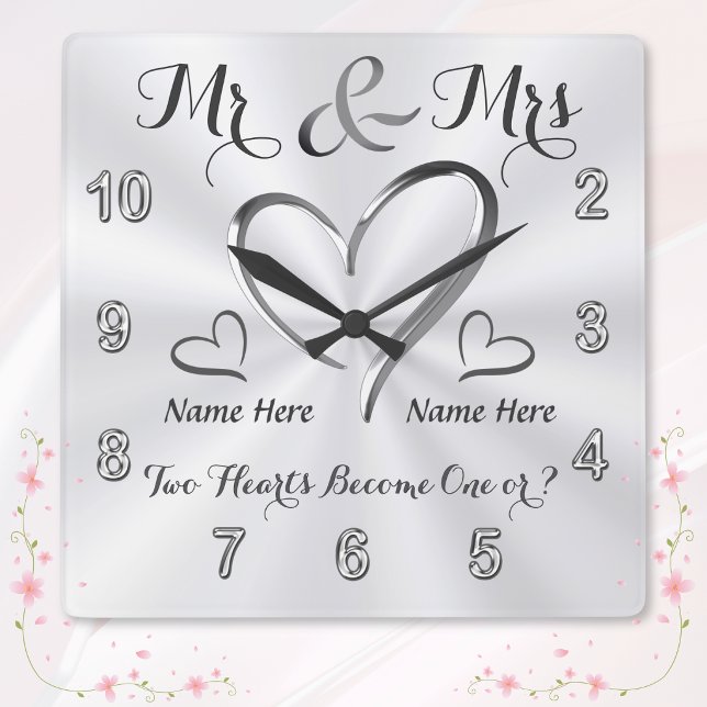 2 Hearts Become One, Personalized Wedding Clock (Mr and Mrs wedding clock. Wedding shower gifts. Personalized wedding gifts for bride and groom. )