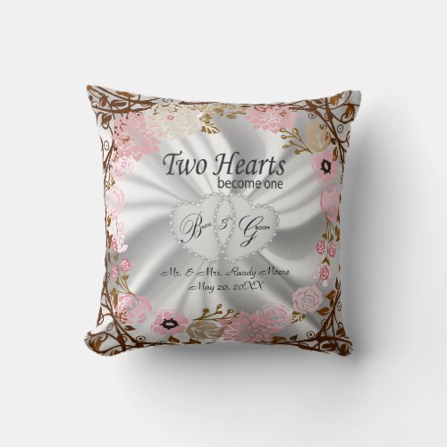 2 Hearts Become One Wedding Vintage Flower Wreath Throw Pillow