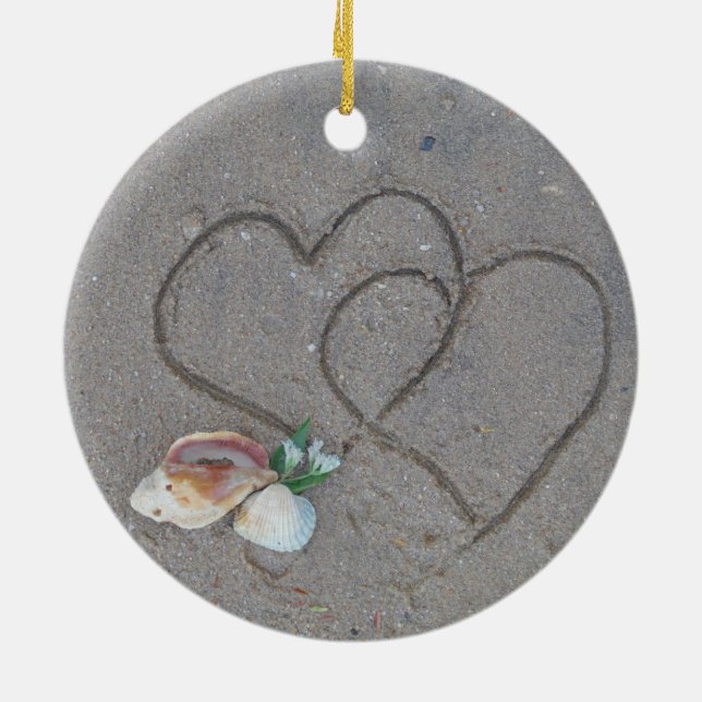 2 Hearts  in the sand with shells Ceramic Ornament (Back)