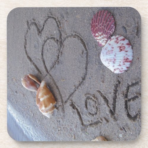 2 Hearts  in the sand with shells with Love Drink Coaster