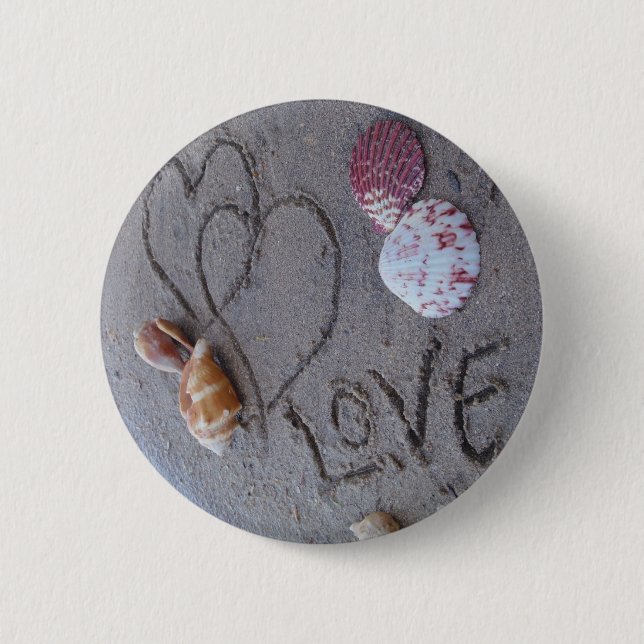 2 Hearts  in the sand with shells with Love Pinback Button (Front)