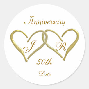 2 hearts Monogram Golden Wedding Anniversary Classic Round Sticker