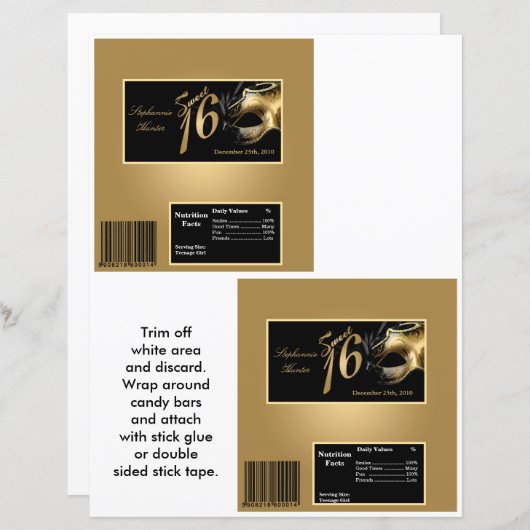 2 Hershey's Large Bar Wrapper Sweet 16 Gold (Front/Back)