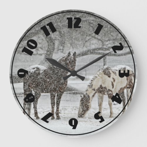 2 Horses Outside in Winter during Snowy Weather Large Clock