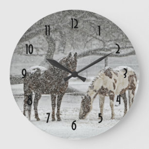 2 Horses Outside in Winter during Snowy Weather Large Clock