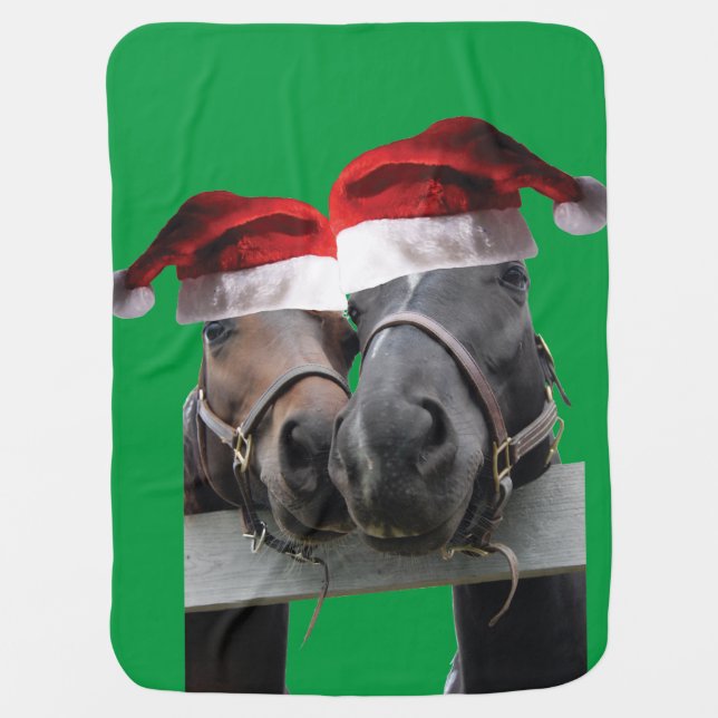 2 horses wearing santa claus hats baby blanket (Front)