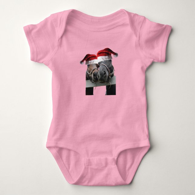 2 Horses wearing Santa Claus Hats for Christmas Baby Bodysuit (Front)