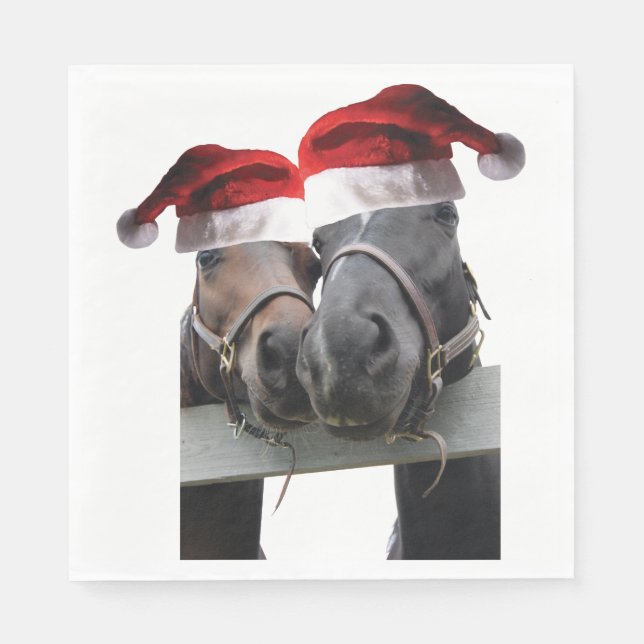 2 horses wearing Santa Claus Hats for christmas Napkins (Front)