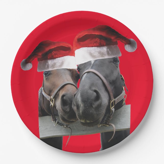 2 horses wearing Santa Claus Hats for Christmas Paper Plates (Front)